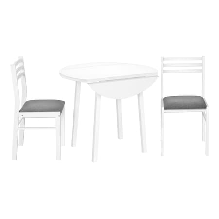 Monarch Specialties Dining Table Set, 3pcs Set, Small, 35 in. Drop Leaf, Kitchen, White Metal And Laminate, Grey Fabric I 1011
